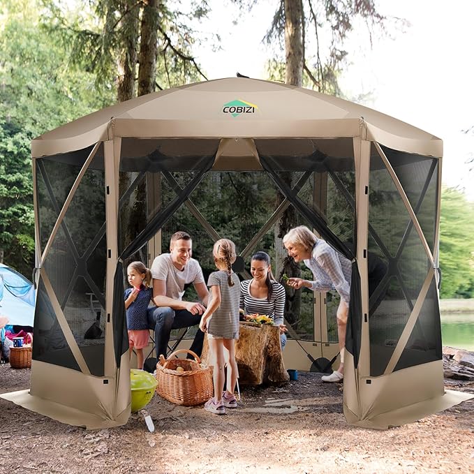 COBIZI 12x12FT Pop Up Gazebo Screen Tent Screen House for Camping, Screen Room with Mosquito Netting, Hub Tent Instant Screened Canopy with Carrying Bag and Ground Stakes, Khaki(Upgraded)