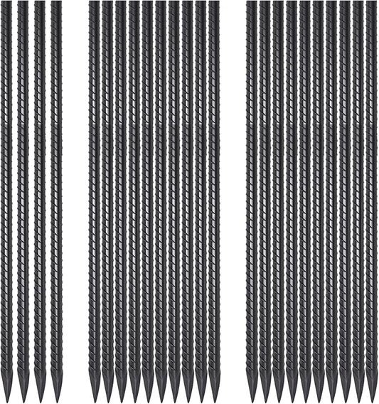 24 Pack Straight Rebar Stakes 24 Inch Metal Stakes for Ground Heavy Duty with Chisel Point End 1/2 Inch Diameter Landscape Timber Spikes for Plant Support, Concrete Form and Fence, Black
