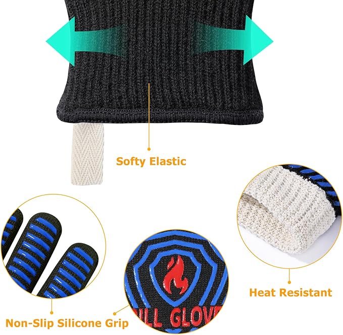 QUWIN BBQ Gloves, Oven Gloves 1472℉ Extreme Heat Resistant, Grilling Gloves Silicone Non-Slip Oven Mitts, Kitchen Gloves for BBQ, Grilling, Cooking, Baking-1 Pair… (Black Blue, One SizeLong Cuff
