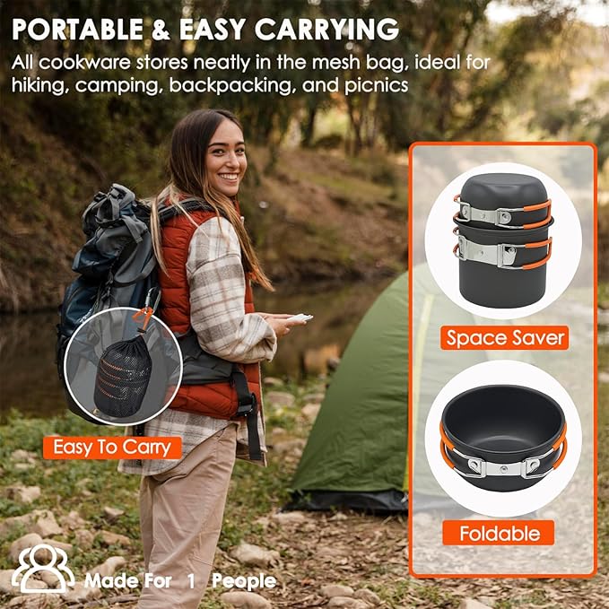 Camping Cookware Mess Kit, Non-Stick Lightweight Camping Pots and Pans with Kettle, Stainless Steel Cups Plates Forks Knives Spoons for Backpacking, Hiking, Outdoor Cooking
