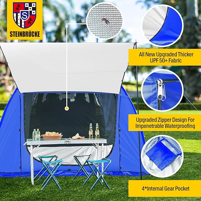 Universal SUV Camping Tent with Spacious Awning, 4000mm Waterproof Car Tent, Up to 4-Person Sleeping Capacity Camping Accessories, Easy Setup for Backpacking Traveling Hiking Outdoors