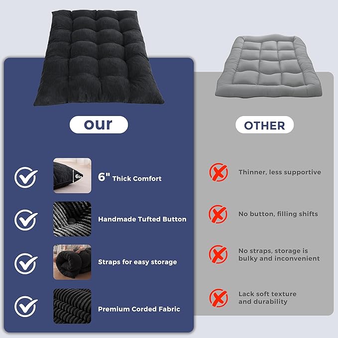 MAXYOYO 6" Japanese Floor Mattress, Foldable Futon Mattress Full Size, Tufted Roll Up Floor Bed, Thick Tatami Mat Sleeping Pad Portable Lounger for Camping Guest Room Dormitory Bedroom RV, Black