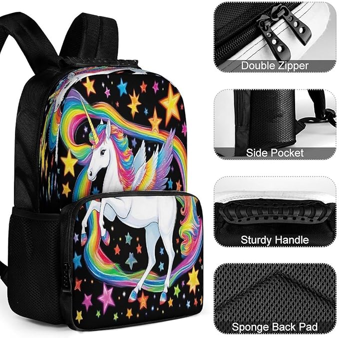 Daypack Backpack Polyester Anti-Theft Multipurpose Colorful Space Rainbow Unicorns Bookbag Big Capacity Travel Hiking Camping Rucksack With Smooth Zippers