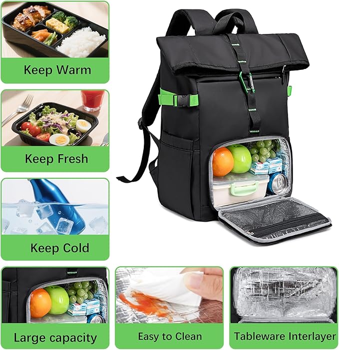 LOIDOU Lunch Backpack for Men Work, Waterproof 15.6 Laptop Backpack with Lunch Box Compartment, Insulated Lunch Bag for Business College Beach Camping Picnics, Womens Gifts Cooler Backpacks, Black