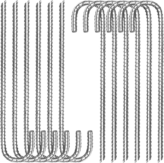 12 Pack 12 Inch Rebar Stakes Heavy Duty J Hook Ground Anchors, Anti Rust Metal Steel Tent Stakes Garden Fence Stakes, Silver