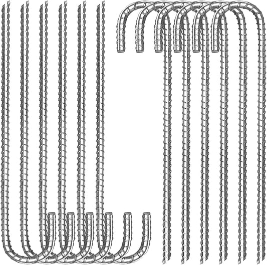 12 Pack 12 Inch Rebar Stakes Heavy Duty J Hook Ground Anchors, Anti Rust Metal Steel Tent Stakes Garden Fence Stakes, Silver