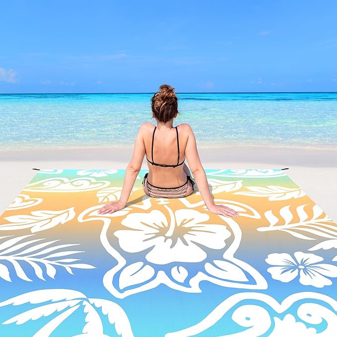 Beach Blanket, 78''×86'' Large Waterproof Sandproof Beach Mat for 2-4 Adults, Lightweight Compact Sand Free Outdoor Picnic Blanket with 4 Stakes & 4 Corner Pockets
