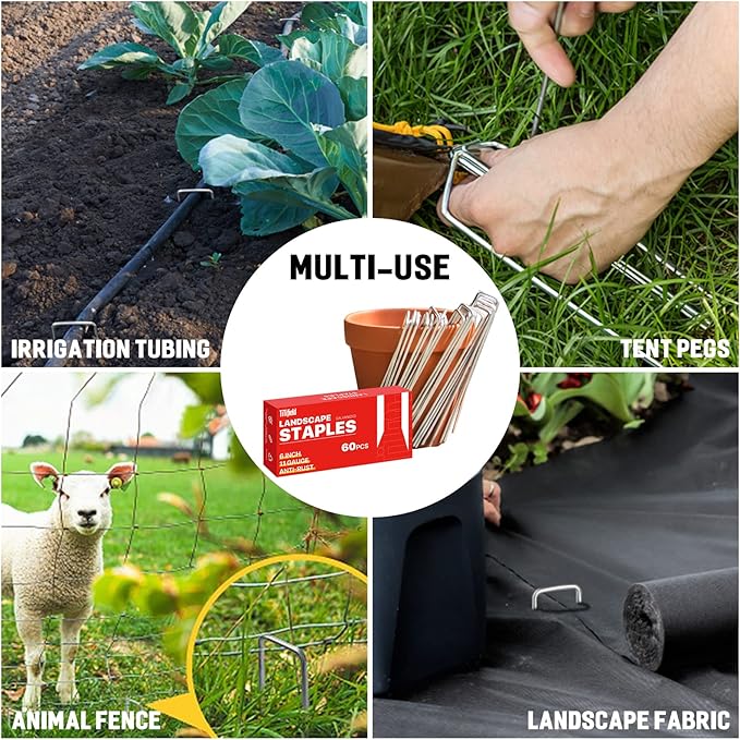 Landscape Staples 6 Inch 60 Pack 11 Gauge, Garden Staples Galvanized Landscape Pins Anti-Rust Landscape Fabric Stakes for Securing Irrigation Tubing, Fence, Weed Barrier, Ground Cover