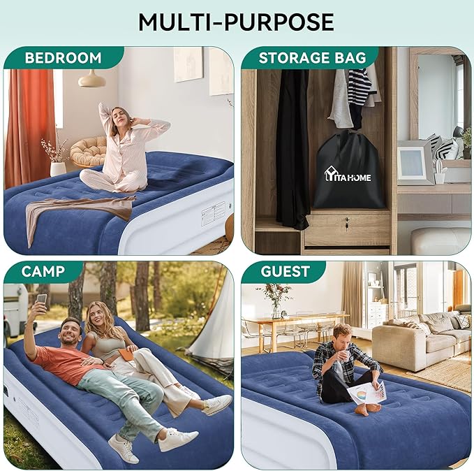 YITAHOME Twin Bed Mattress with Built-in High-Speed Pump, 17 Inch Inflatable Mattress with Integrated Pillow, Carrying Bag and Patch Tools, Elevated Inflatable Bed for Home Travelling Camping