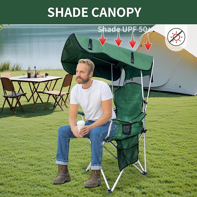 Portable Camping Chair with Canopy Shade- Folding Camping Lounge Chair with Cup Holder & Side Pocket for Outdoor Camping, Fishing, Beach - Support 330 LBS (GREEN-2PK)