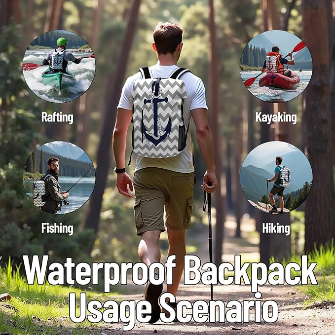 Waterproof Dry Bag Marine Dry Bags for Kayaking Hiking Anchor Nautical Navy Blue Gray Striped Backpack Roll-Top Closure Bag - Backpack Waterproof Phone Case 5L