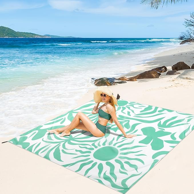 Beach Blanket, 78''×86'' Large Waterproof Sandproof Beach Mat for 2-4 Adults, Lightweight Compact Sand Free Outdoor Picnic Blanket with 4 Stakes & 4 Corner Pockets