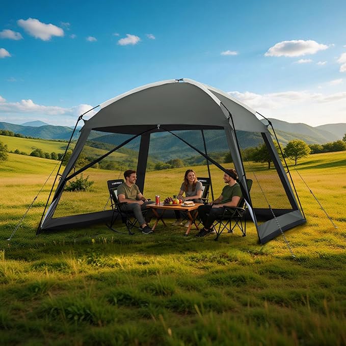 12 x 12 FT Camping Screen Tent for 8-10 Person, Easy Setup Screen House with UV 50+ Sun Protection & Mosquito Net for Camping, Backyard, Picnic, Patio Outdoor Gray