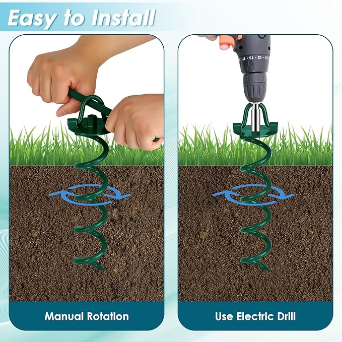 FEED GARDEN 12.2 Inch Spiral Ground Anchors Heavy Duty Screw in Spiral Stakes 4 Pack Folding Ring Ground Stakes for Securing Dogs,Tents, Trampolines, Canopies, Swing Sets,Green