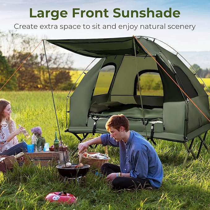KOTEK 5-in-1 Tent Cot with Air Mattress, Sleeping Bag, Pillow, Canopy, Zippered Mesh Windows & Carry Bag, Elevated Tent for Camping, Hiking, Traveling, Picnic