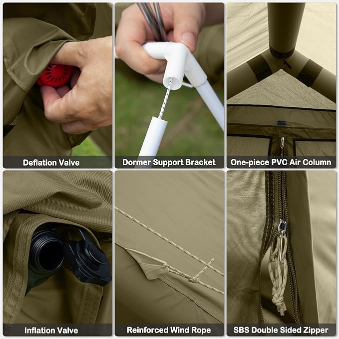 Inflatable Tents with Hand Pump Hot Tent with Stove Jack Easy Blow Up Glamping Tent with Mesh Windows, 4-6 Person Instant Family Camping Tents Waterproof for 4 Seasons