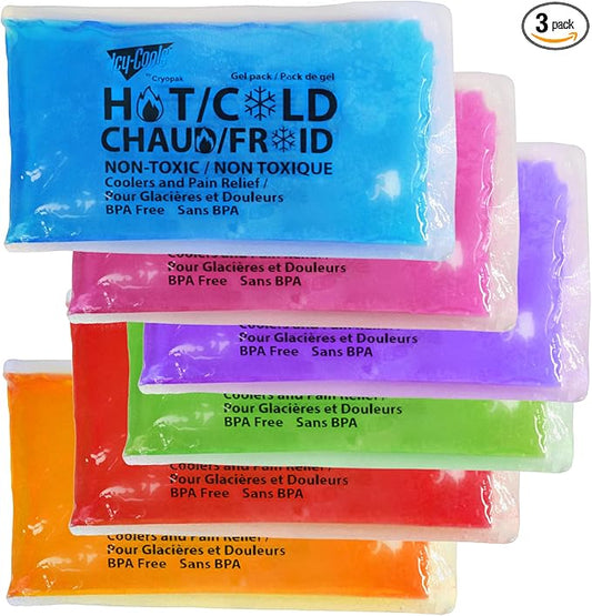 ICY-COOLS 3 Pack Reusable Hot or Cold Gel Ice Packs for Injuries, Multipurpose Ice Packs for Lunch Boxes, Long-Lasting Cold Therapy for Pain Relief, 4 x 8 Inches (Assorted)