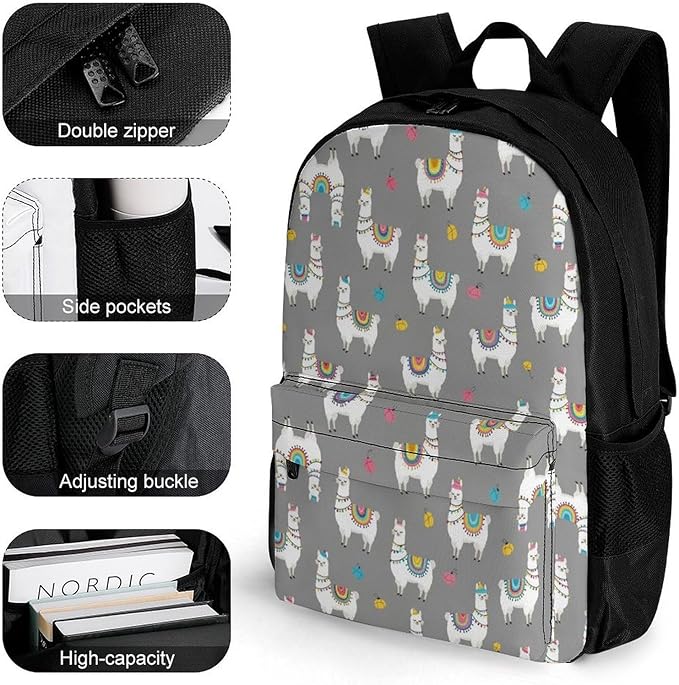 Women Men Polyester Cute Llama Alpaca Casual Daypack Large Capacity Bookbag With Side Pockets for Sports Picnic Walking Cycling