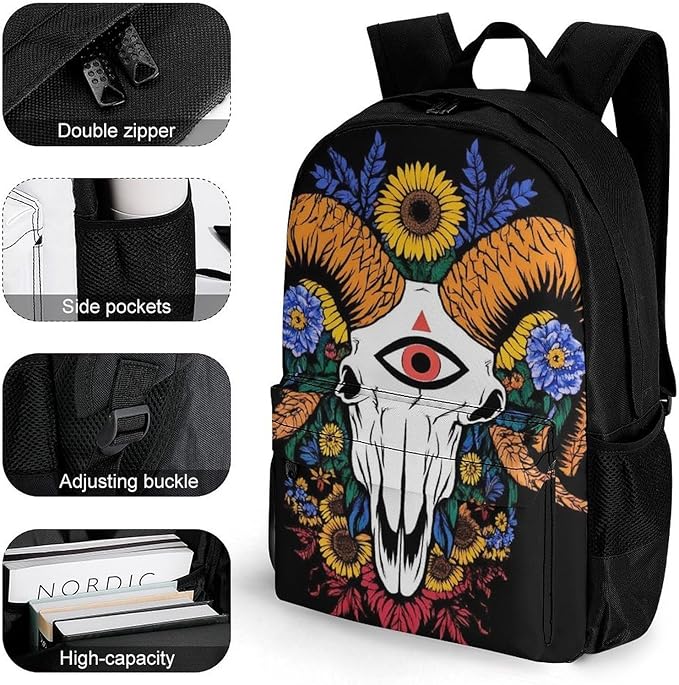 Shoulder Book Bags Anti-Theft Multipurpose Big Capacity Bookbag, Sunflower Goat Skull Art Travel Hiking Backpack With Smooth Zippers