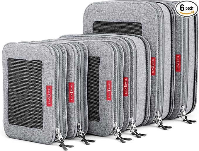 LeanTravel Premium Compression Packing Cubes for Travel - Luggage Organizers with Double Zipper - Sturdy Bags for Suitcase (6-Pack, Grey)