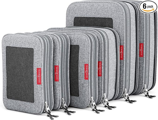 LeanTravel Premium Compression Packing Cubes for Travel - Luggage Organizers with Double Zipper - Sturdy Bags for Suitcase (6-Pack, Grey)