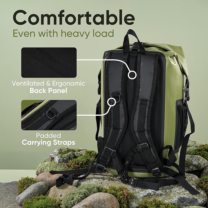 Dry Bag 35L for Men & Women Roll-Top Hiking Backpack with IPX8 Waterproof Phone Case & Detachable Mini Backpack for Kayaking Boating Cushioned Padded Back Green