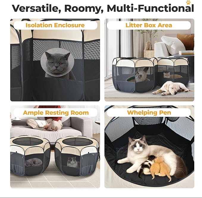 2-in-1 Pop Up Cat Playpen, Detachable into 2 Separate Pens, Assembly-Free Portable Puppy House Collapsible Dog Crates Pet Pen Tent Kennel Kitten Enclosure Cage Indoor Outdoor Foldable(M)