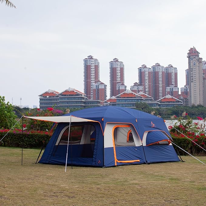 KTT Extra Large Tent 6-10-12-14 Person(B),Family Cabin Tents,2 Rooms,3 Doors and 3 Windows with Mesh,Straight Wall,Waterproof,Double Layer,Big Tent for Outdoor,Picnic,Camping,Family Gathering