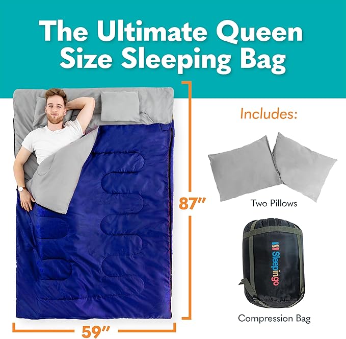 Double Sleeping Bags for Adults Backpacking, Camping, or Hiking - Waterproof Queen Sleeping Bags for Adults or Teens - Truck, Tent, Sleeping Pad
