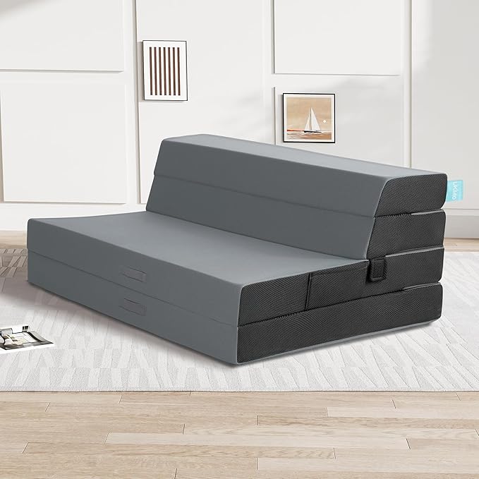 LIKIMIO Folding Mattress Twin, High Density Foam Mattress with Breathable and Washable Cover & Storage Bag, 4 Inch Foldable Mat Topper for Camping, RV and Yoga, Handle Design, Gray