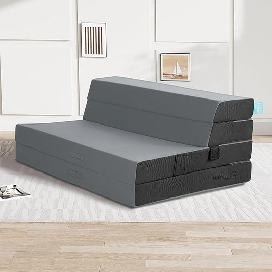 LIKIMIO Folding Mattress Queen, High Density Foam Mattress with Breathable and Washable Cover & Storage Bag, 4 Inch Foldable Mat Topper for Camping, RV and Yoga, Handle Design, Gray