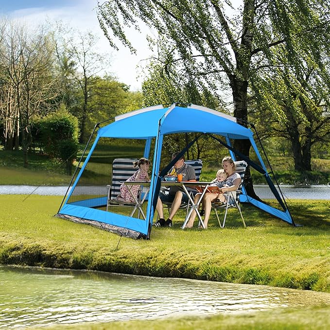 Hyper Venture Screen House 14x14ft Canopy Tent with 5-Sided Netting, Easy Setup, Portable Gazebo Shelter for Outdoor Camping, Gathering, Party, Picnic, Blue