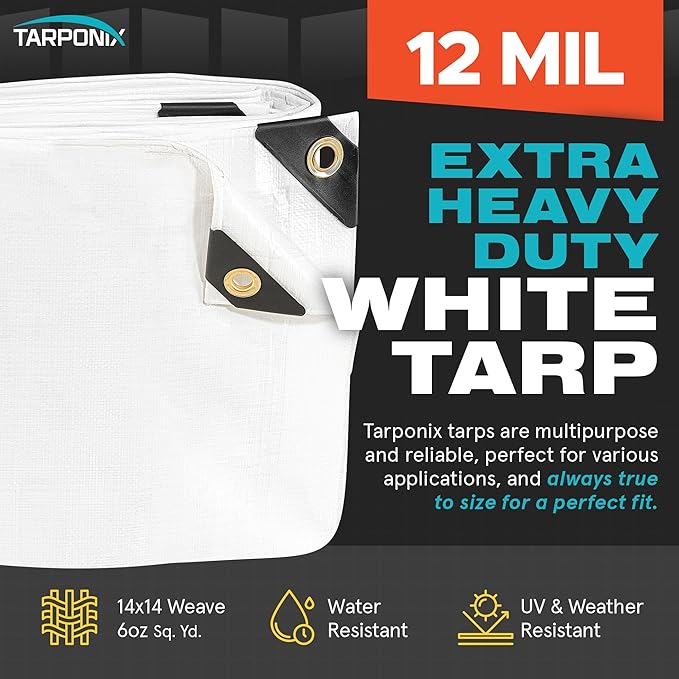 6' x 20' Extra Heavy-Duty White Poly Tarp – 12 Mil Thick, Waterproof, UV-Resistant Polyethylene with Reinforced Edges, Double-Stitched Hems, and Rustproof Grommets