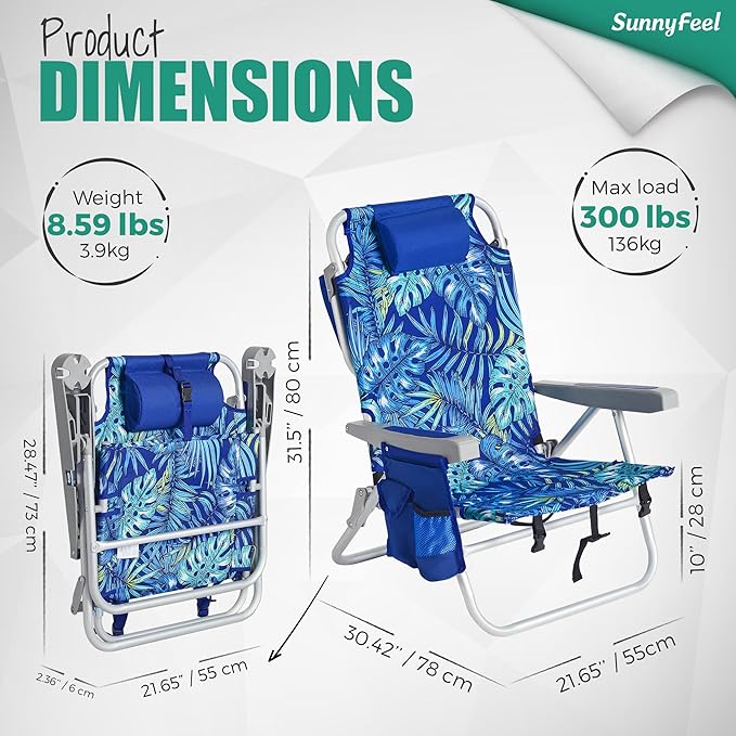 SUNNYFEEL Beach Chairs for Adults 2 Pack 5 Position Lay Flat, Portable Folding Backpack Beach Chair Heavy Duty with Cooler Bag, Cup Holder for Outdoor/Lawn/Picnic/Sand, Foldable Camping Chair
