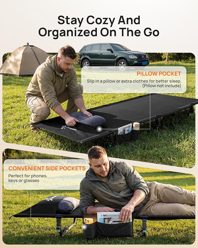Sportneer Camping Cot: 31.5’’ Extra Wide Compact Sleeping Cots with Side Pocket - Lightweight Folding Cot for Camping Traveling Tent Day, Carry Bag Included, Easy Setup - Size 74.8''x31.5''