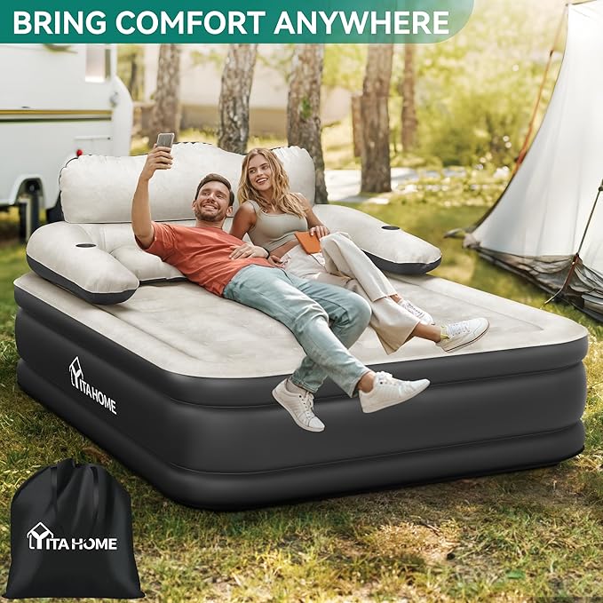 YITAHOME Queen Size Air Mattress with Headboard, 18in Inflatable with Pillow, Blow Up Mattress with Removable Electric Pump, Comfort Air Bed Queen for Camping & Home, Black & Gray
