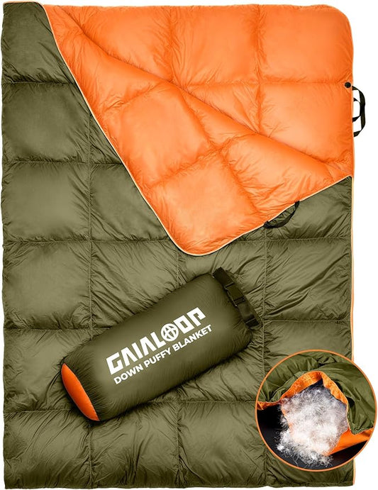 Down Puffy Blanket for Car Camping Outdoor Travel Backpacking, Duck Down Lightweight Portable Soft Warm Cozy Camping Blanket Quilt, 53"x78", Olive Green