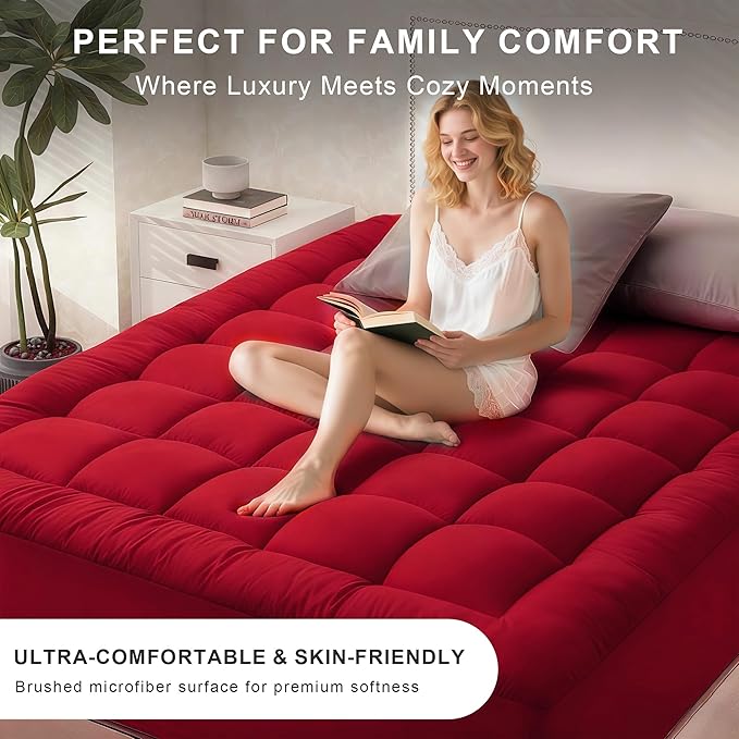 Quilted Mattress Pad Pillow Top Mattress Cover Protector Cooling Soft for Breathable Padded Deep Pocket 8-21 Fitted Supportive(Red,King Size)