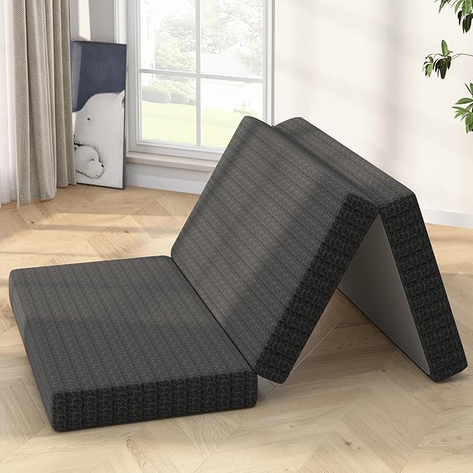 4 Inch Tri-Fold Mattress Queen Size, Portable Memory Foam Guest Bed with CertiPUR-US Certified Cooling Gel & Washable Cover, Folding Mattress for Camping, Dorm, RV & Living Room, Black