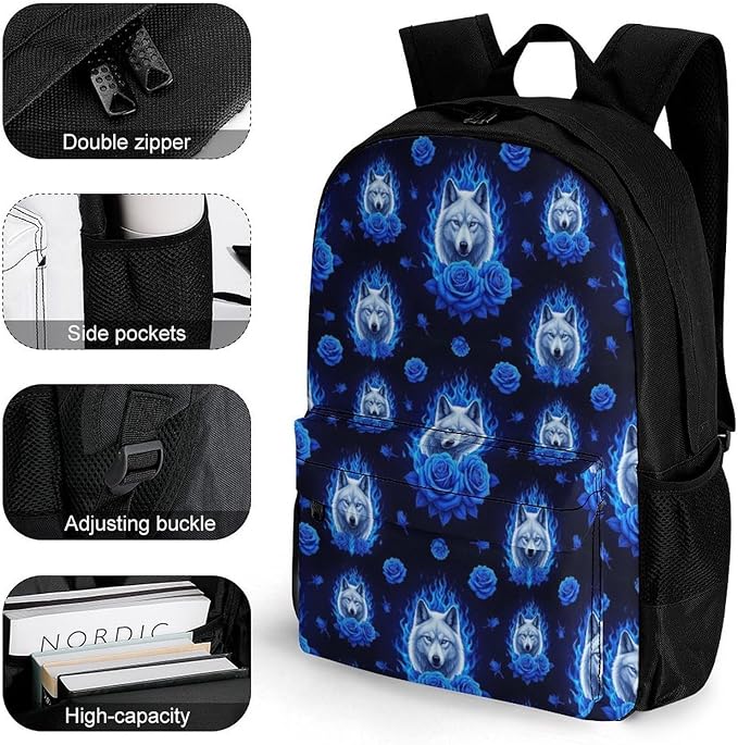 Sturdy Multipurpose Dual Shoulder Bag for Gym and Outdoor Activities, Floral Fantasy Wolf Blue Rose, Travel Hiking Daypack