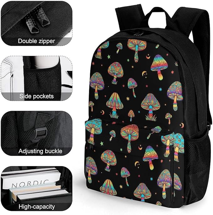 Supdreamc Men Women Polyester Trippy Magic Moon Mushrooms Daypack Backpack Large Capacity Carry On Bag With Smooth Zippers for Hiking Picnic Walking Cycling