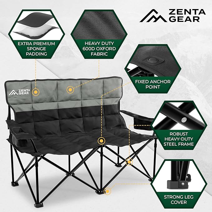 Oversized Fully Padded Double Camping Chair, Portable Folding Loveseat w/Side & Back Pockets, Adjustable Armrests, Double-Sized Cup Holders for Outdoor, Indoor, Supports 530LBS (Black)