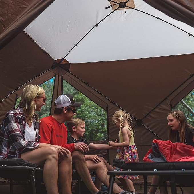 Clam Quick-Set Sky Screen Shelter – 8-Person Pop-Up Tent with Screened Roof for Airflow & Stargazing, 140" x 140", Brown, Instant Setup, Oversized Carry Bag – Camping, Tailgating, Outdoor Use