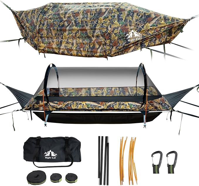 Night Cat Flat Lay Hammock Tent with Mosquito Net Waterproof Rainfly Storage Room for 1 Person Backpacking Hiking Camping Lightweight 330LBS 87x28x19in