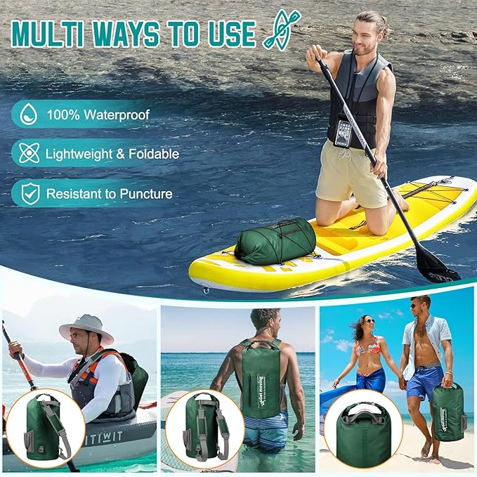 BKNOOU Dry Bag Waterproof for Women Men, 10L/20L Roll Top Lightweight Dry Storage Bag Backpack for Travel, Kayaking, Boating, Rafting, Camping, Hiking and Beach, with Phone Case (Military green, 20L)