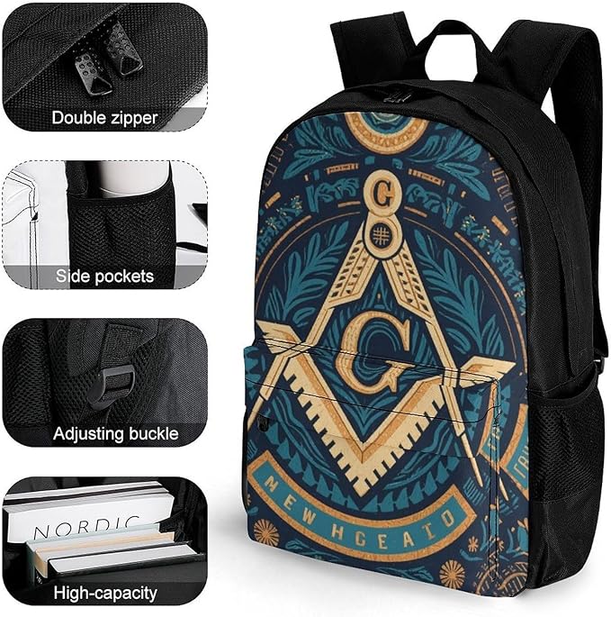 Daypack Anti-Theft Multipurpose Large Capacity Shoulder Bag, Gold Freemason Freemasonry Masonic Art Travel Hiking Camping Rucksack With Smooth Zippers