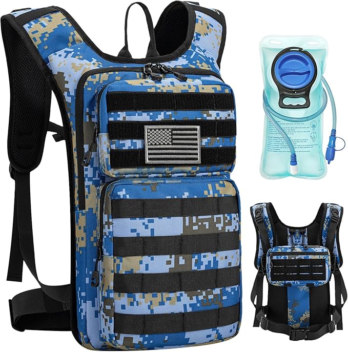 Tactical Hydration Backpack with 2L Water Bladder and Front Small Tactical Pouch, Outdoor Water Backpack for Men Women, Sports Hydration Pack for Hiking, Cycling, Climbing