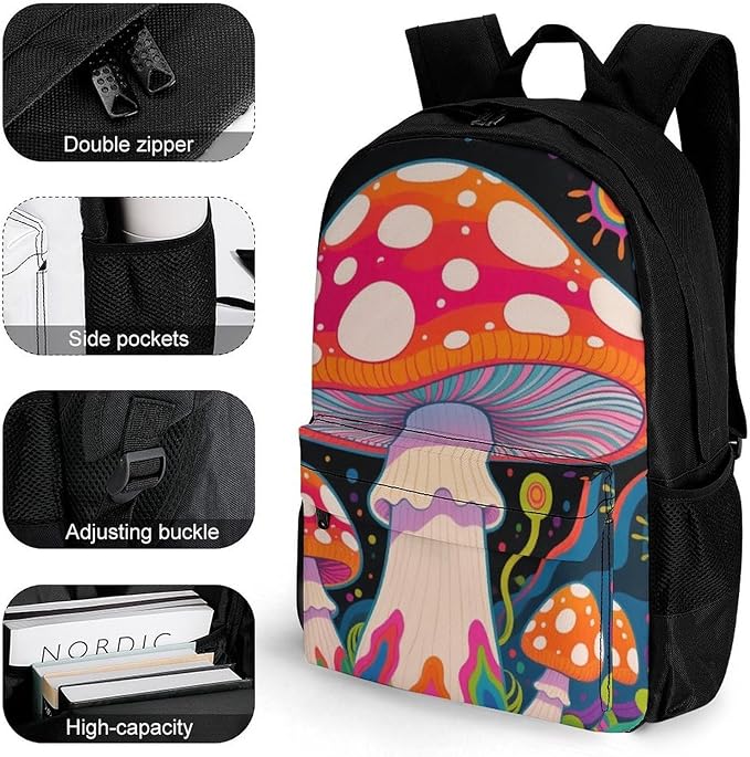 Backpack Polyester Anti-Theft Multipurpose Psychedelic Mushroom Art Bookbag Large Capacity Laptop Book Bag Rucksack With Side Pockets