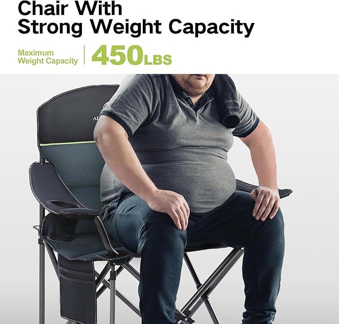 GREEN PARTY Folding Camping Chair Oversized Heavy Duty Lawn Chair with Cooler Bag, Cup Holder, Storage Pocket, Collapsible Padded Outdoor Arm Chair, Quad Lumbar