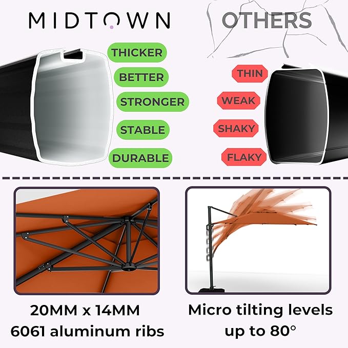 Midtown Umbrellas 10 Ft Outdoor Cantilever Patio Umbrella w/Terylast Dark Orange Fabric - Rotate Tilt 360° Offset Patio Umbrella, Deck Patio Umbrella, Backyard Umbrella & Garden Umbrella - Black Frame